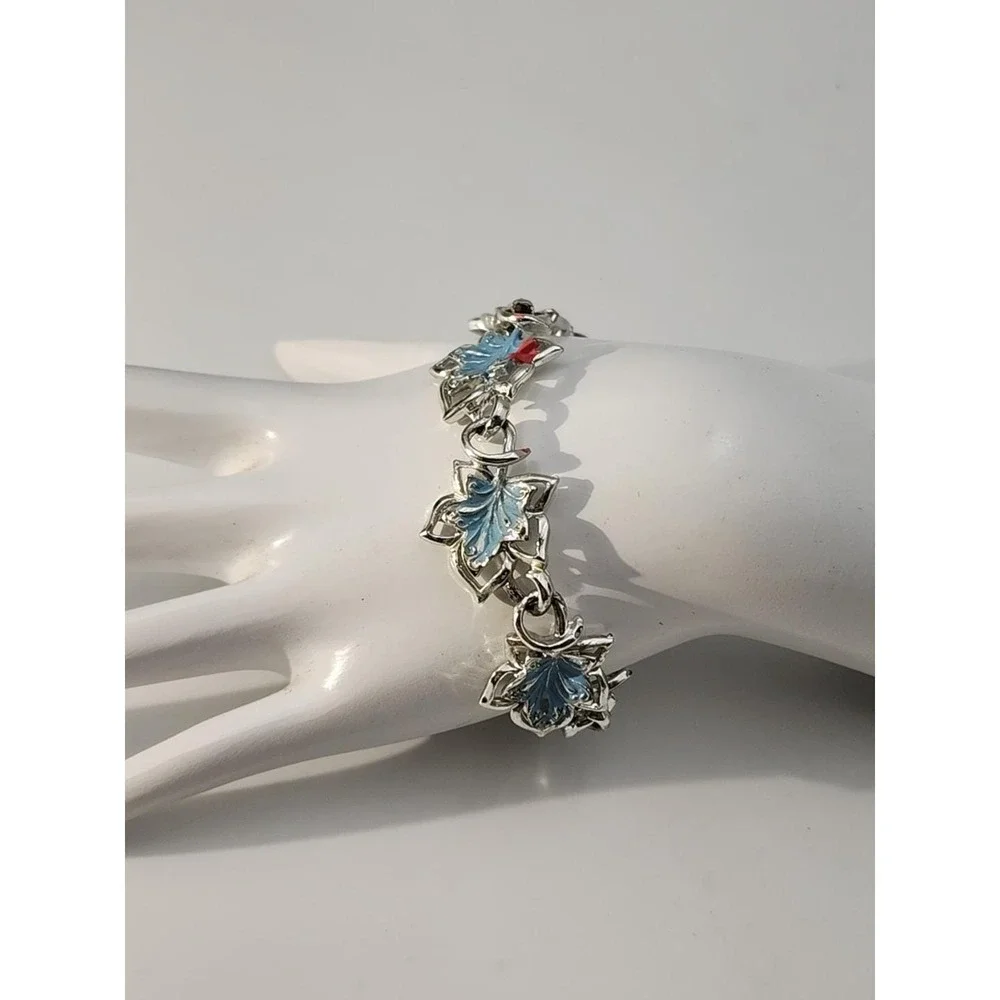 Vintage‎ Signed Coro Silver Tone Enamel Light Blue Leaves Charm 6.5